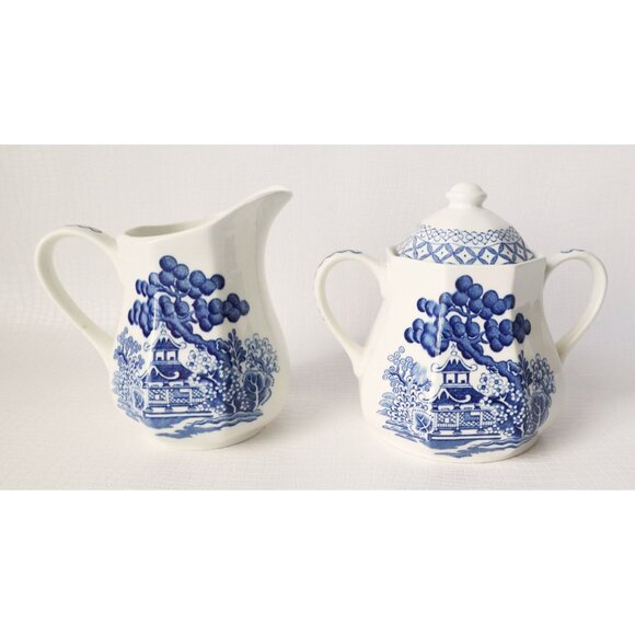 Vintage Meakin J.&G. Royal Staffordshire Willow Ironstone Octagonal Creamer and - Picture 1 of 7